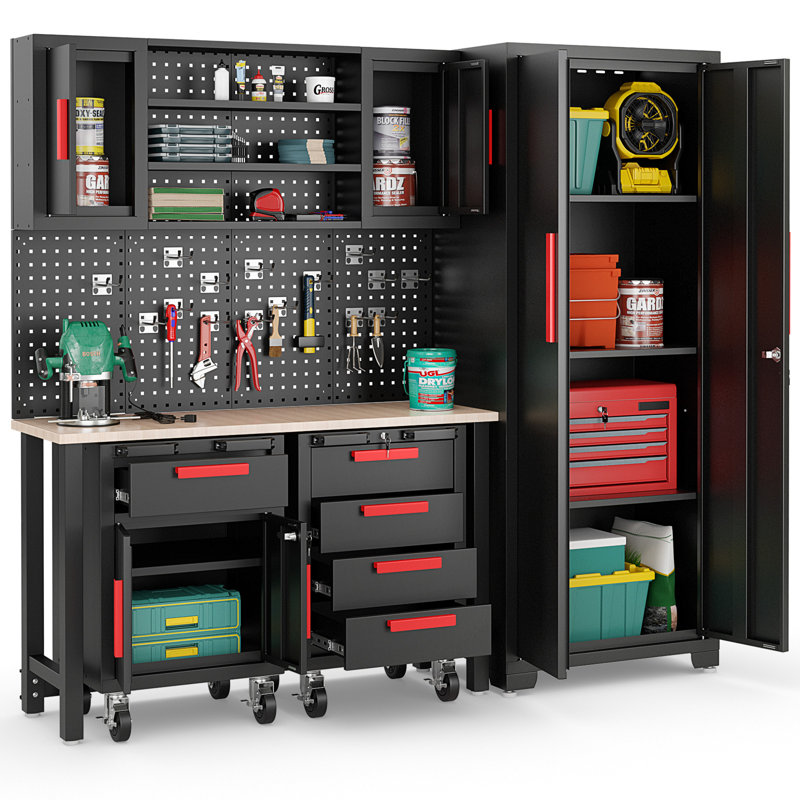 WFX Utility™ 6pcs Garage Cabinets And Storage System Set With Pegboard & Rubber Wood Worktop