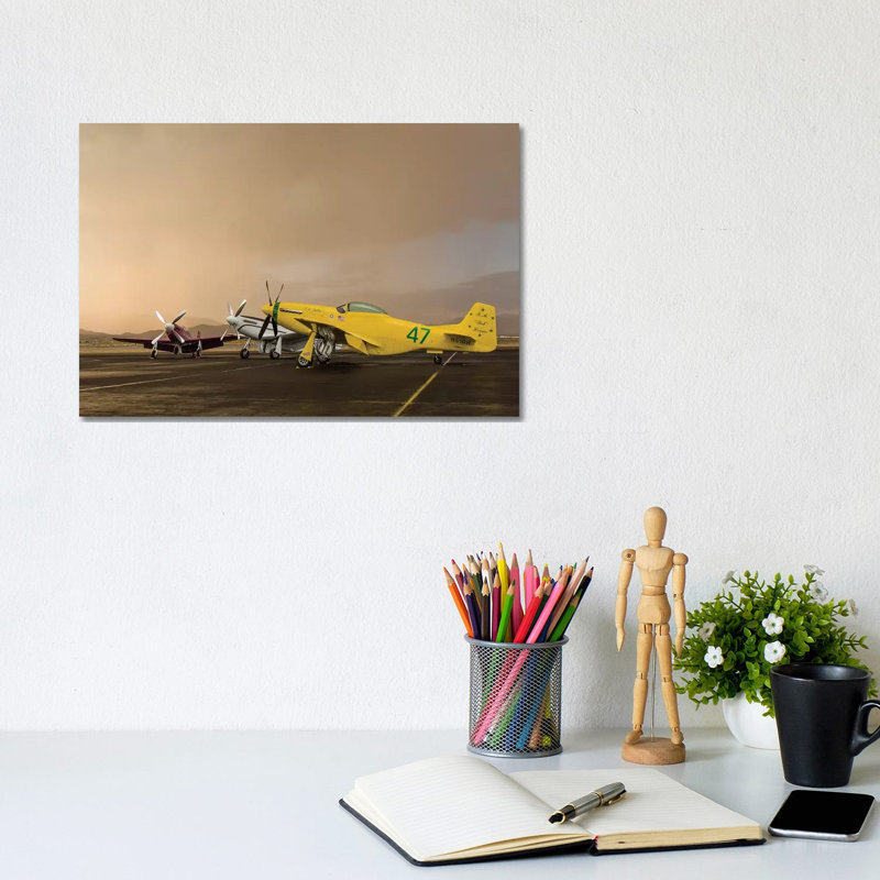 Three P-51 Mustangs Parked On The Ramp Ahead Of A Storm by Rob Edgcumbe - Wrapped Canvas Print, 20.32 cm H x 30.48 cm W