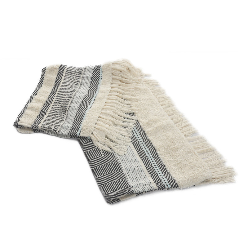 Jeté rayé en coton tissé, Rayures noires / beiges