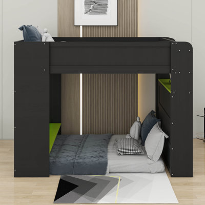 Lit superposé double en bois avec bureau, garde-robe, grand espace de rangement et lumière RVB
