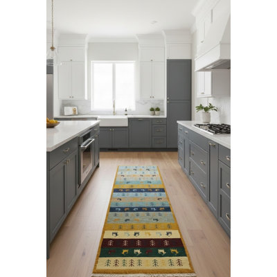 Tapis gris / vert / orange en laine noué à la main