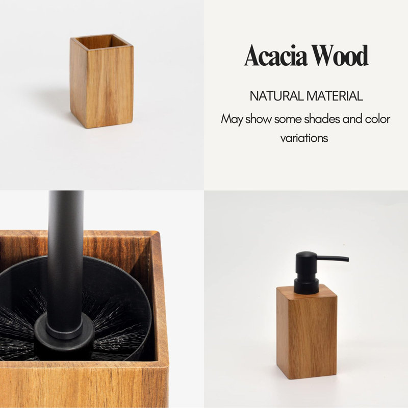 Acacia Wood and Black Metal 6-Piece Bathroom Accessory Set