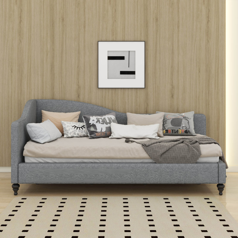 L-Shaped Linen Daybed With Solid Wood Legs, Gray, Twin