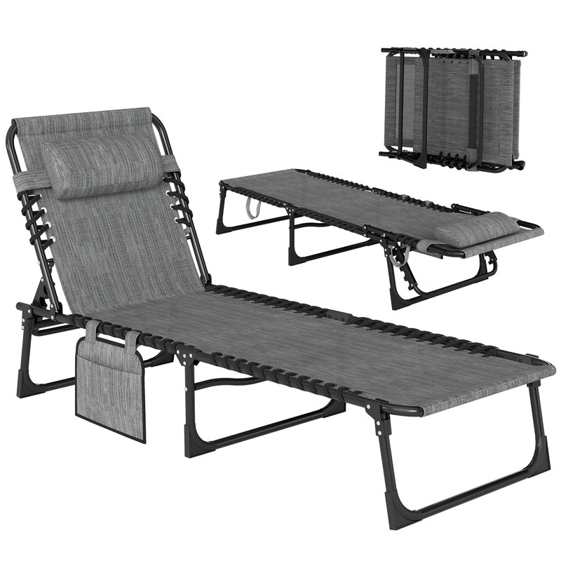 Chaise Lounge Chair Outdoor, 5-Position Adjustable Sun Tanning Chair With Carrying Handle And Side Pocket, Folding Bed Cot With Removable Pillow For Garden, Beach, Patio, Pool, Camp, Gray