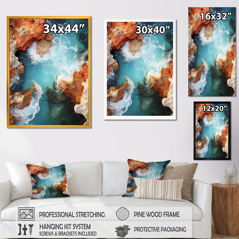 Vue aérienne de la plage bleue bleue - plage, art mural, Cadre simple argenté, H 32 po x l 16 po x P 1 po