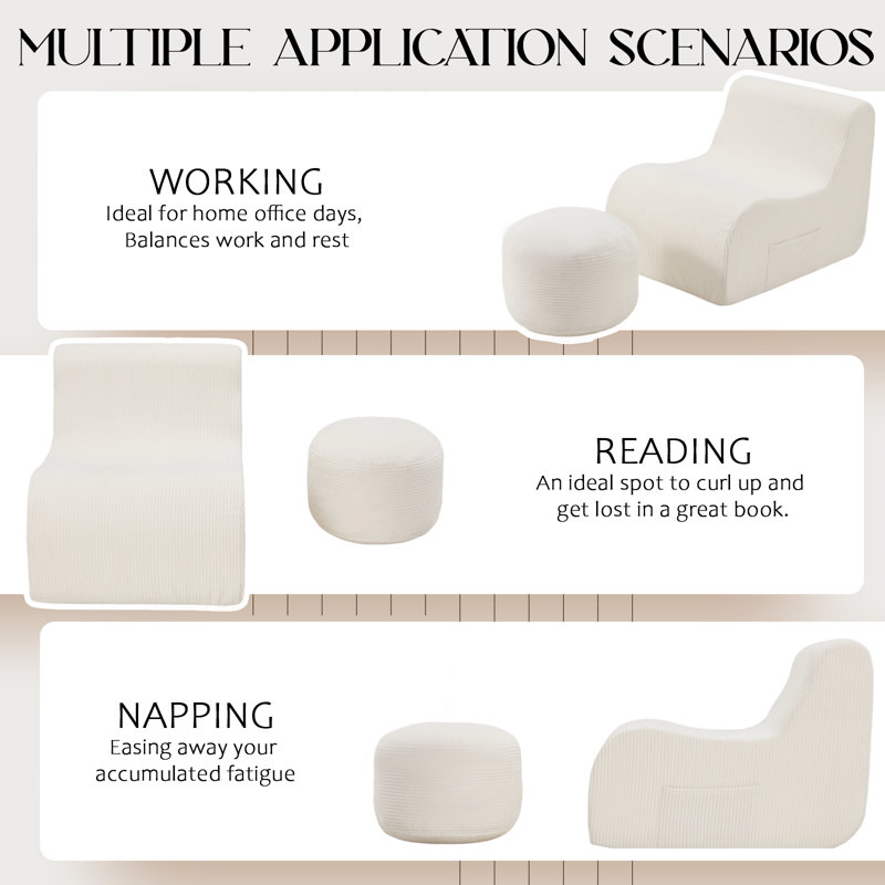 Ecotouge Bean Bag Chair, Ergonomic Bean Bag Chair With Ottoman, Comfy Lazy Sofa For Adults, Beanbags With Non-Slip Base, Ideal Lounge Chair For Living Room, Gaming, Dorm Office Reading (White)