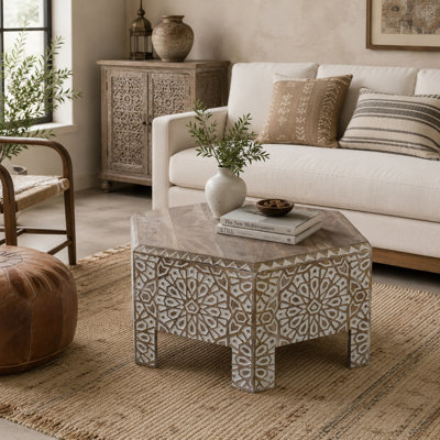 Kingstowne Reclaimed Solid Mango Wood Hexagon Coffee Table – Hand Carved Distressed White