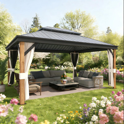 Pavillon de jardin en aluminium 12 po x 16 pi avec toit double en acier galvanisé, moustiquaire et rideaux d'intimité