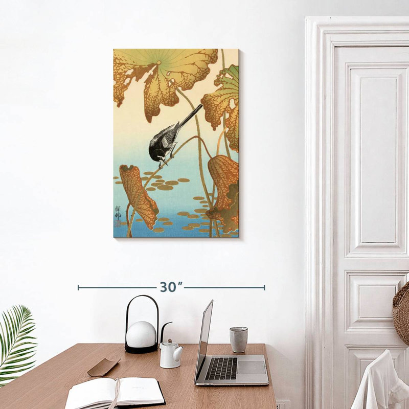 Harnek Japanese Wagtail On Lotus Plant, 30" H x 20" W