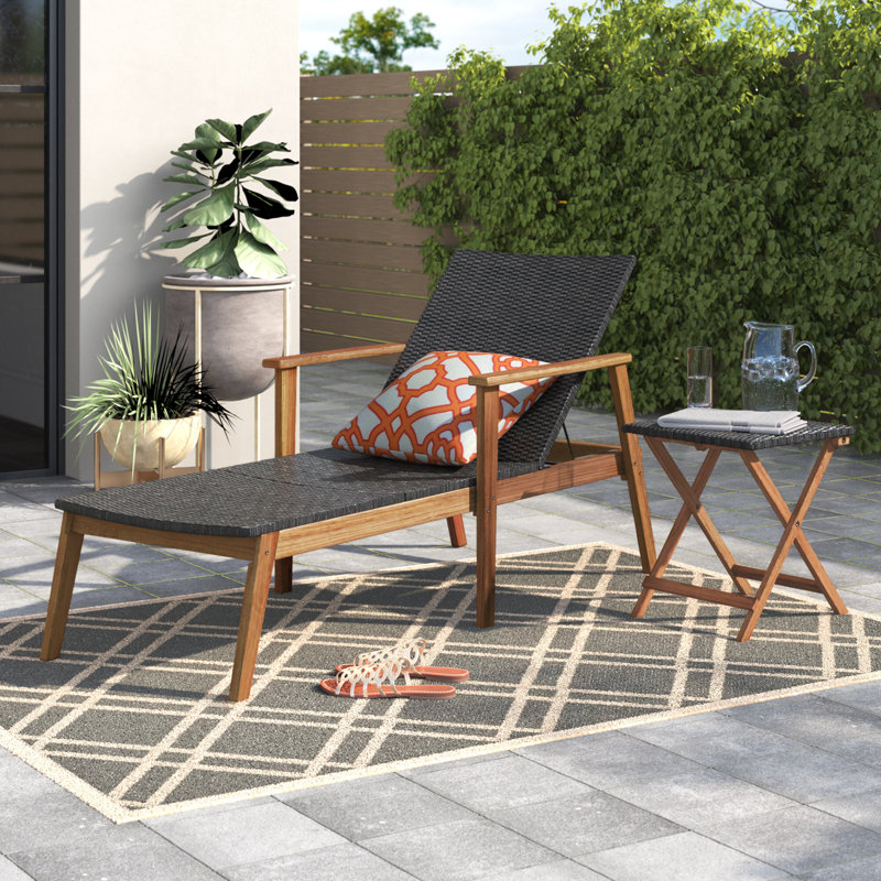 Arshia Outdoor Chaise Lounge with Table, Wicker + Wood + Metal