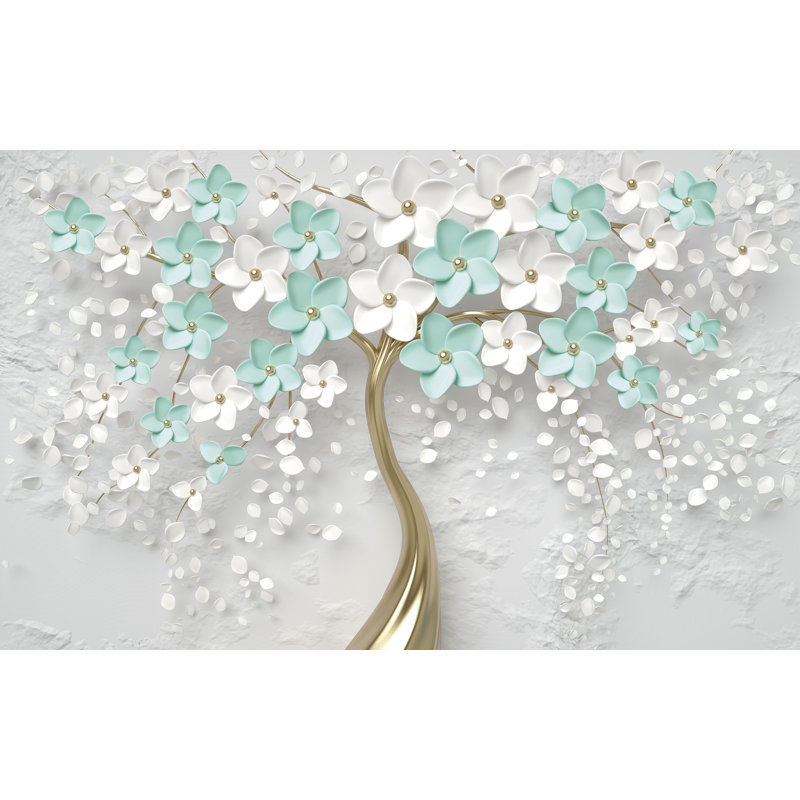 «Mint and White Blossom Tree with Gold Trunk», art mural sur toile tendue, H 36 po x l 48 po x P 1,5 po