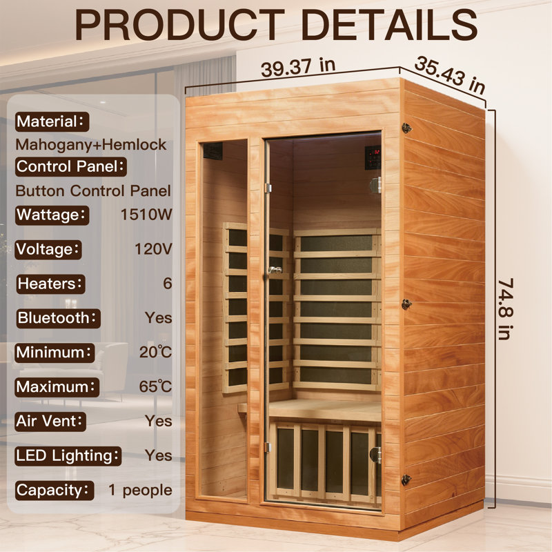 1 to 2  Person Far Infrared Sauna Indoor Bluetooth Low EMF Heaters Sauna In Okoume & Hemlock Wood, FAR Infrared