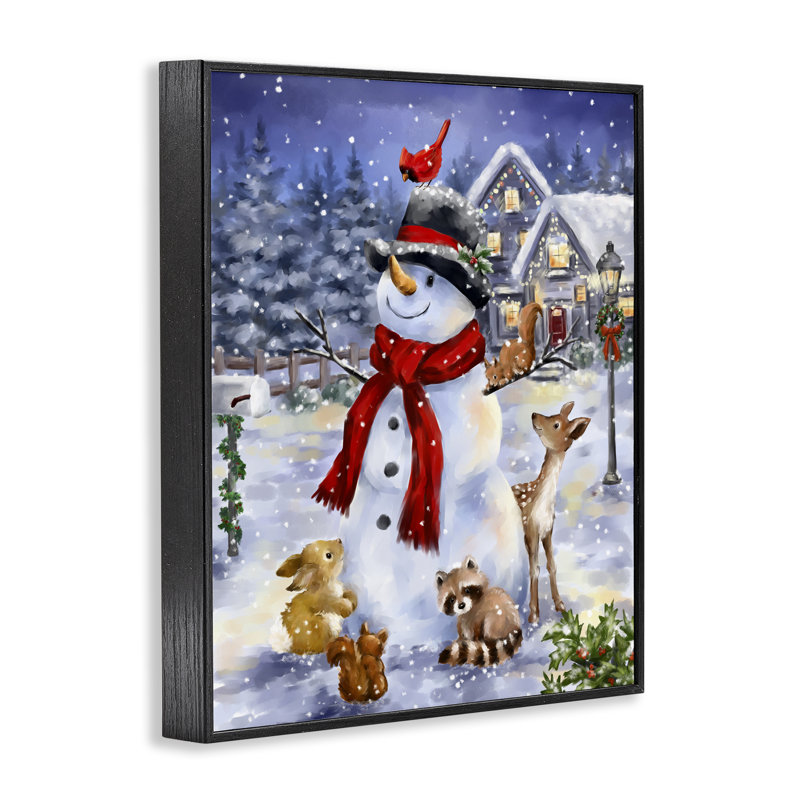 Bonhomme de neige et animaux de la forêt, estampe numérique encadrée par Jean-François, Giclée encadrée noir minuit