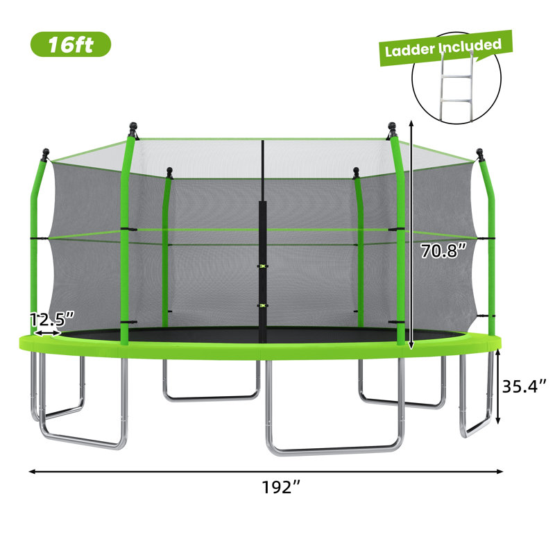 Trampoline d'extérieur 16 pi avec filet de sécurité et échelle - Centre de saut en métal noir et vert pour enfants et adultes