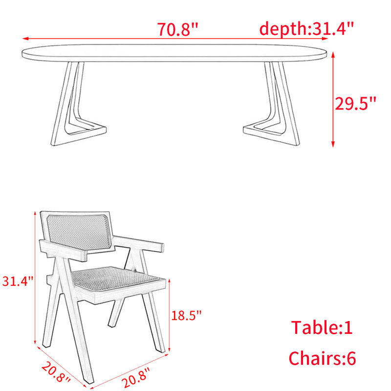 Modern simple solid wood dining table set., 29.5"H x 70.8"L x 31.4"W