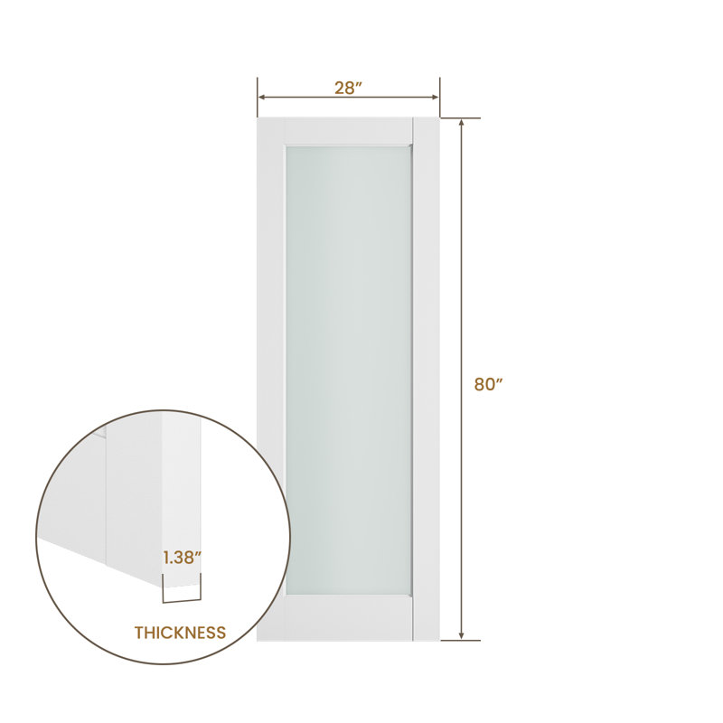 Frosted Glass 1-Lite Solid Wood Slab Door Without Frame and Hardware Kit, 28" x 80"