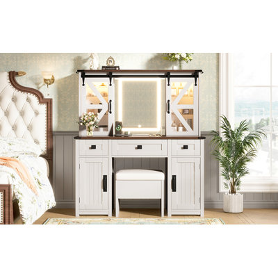 43.3" Farmhouse Makeup Vanity Desk With Lighted Mirror, Vanity Table Set With Storage Stool And Charging Station, Dressing Table With Sliding Barn Door Hidden Shelves & 3 Drawers & 4 Cabinets, Beige