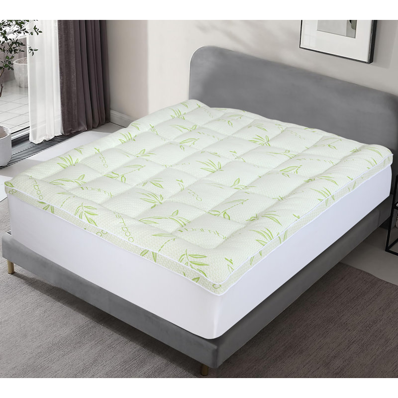 Queen Mattress Topper Pillow Top 2 inch – Bamboo Mattress Pad Cover for Back Pain Relief, Extra Thick Plush & Naturally Cooling, Elastic Extra Deep Pocket Fitted, Green 550 GSM