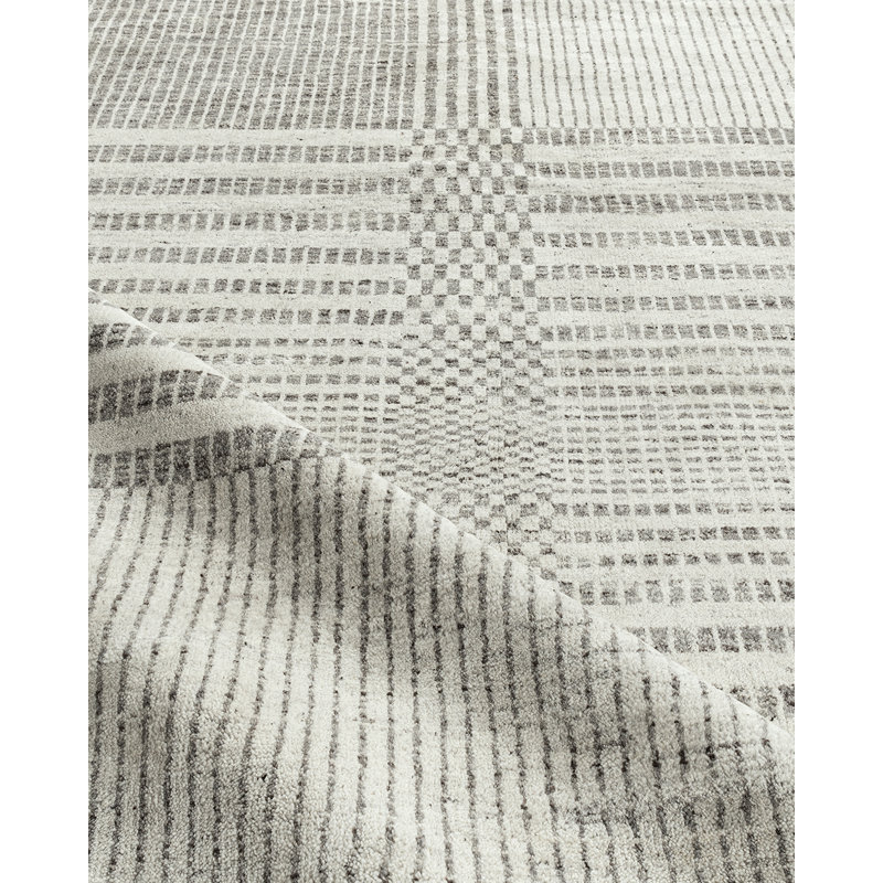 Organic Hand Knotted Striped Area Rug in White/Gray, Rectangle 8' x 10'