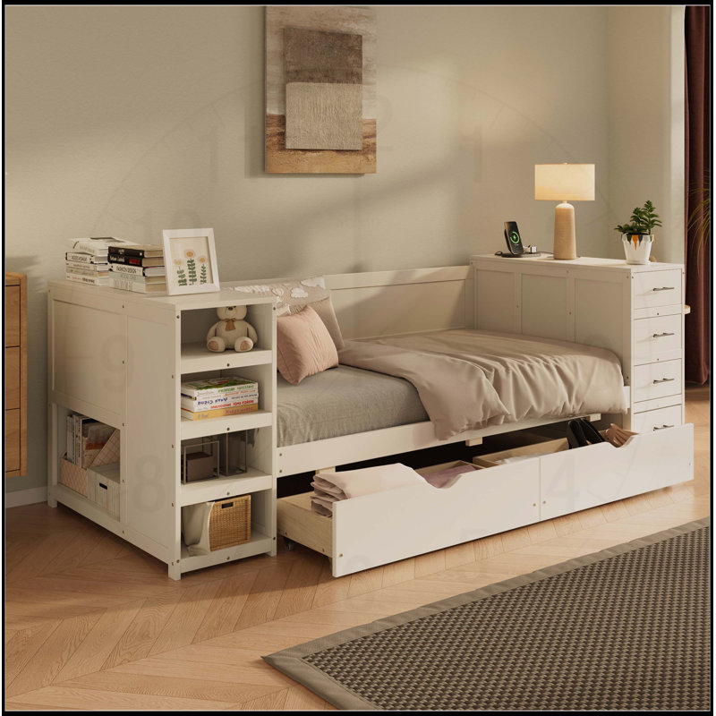 Lit de jour simple en bois blanc avec tablettes latérales, tiroirs et bureau multifonctionnel, idéal pour économiser de l'espace et vivre.
