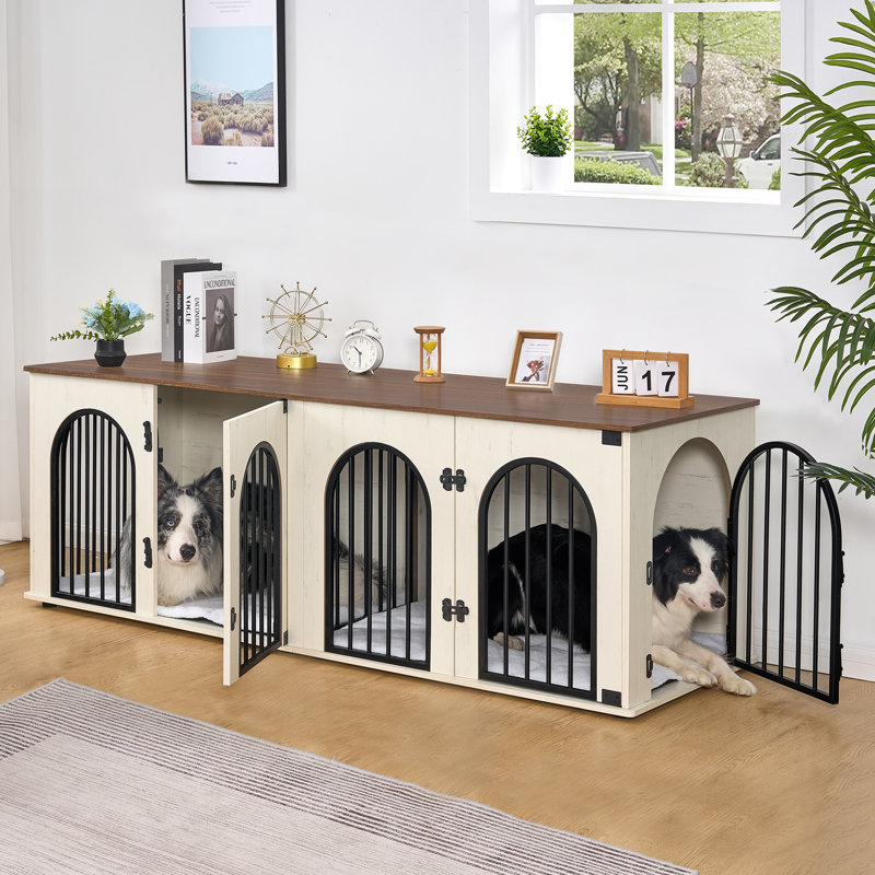 71" White and Brown Heavy Duty Dog Crate Furniture with Divider