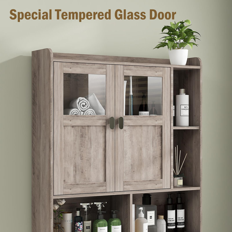 Gray Over-the-Toilet Storage Cabinet with Glass Doors and Adjustable Shelves