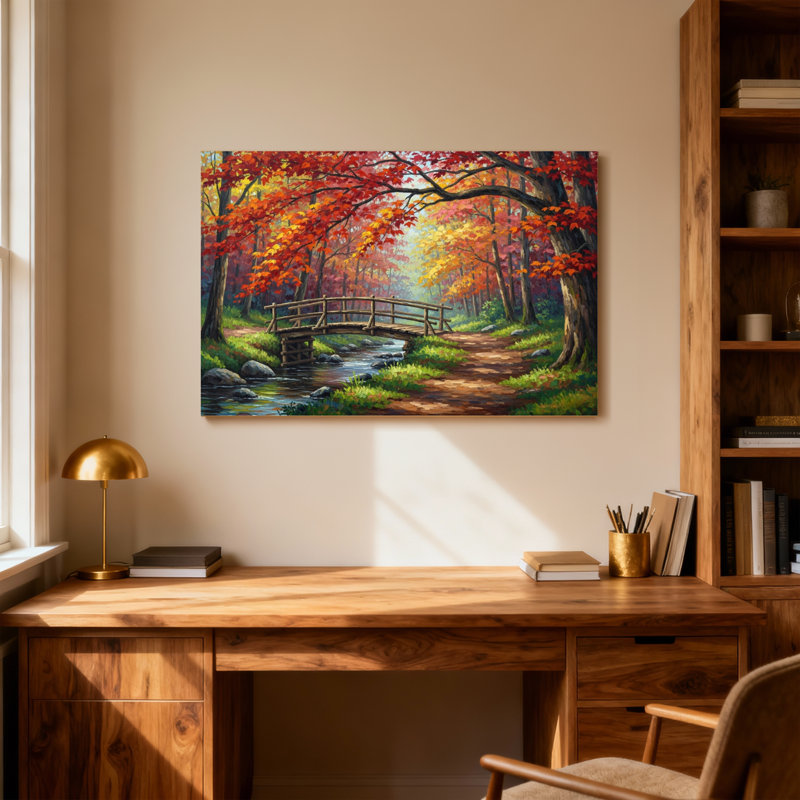 Paysage et nature Automne Forêt Pont Ruisseau Sentier Arbres Couleurs Nature, H 12 po x l 18 po