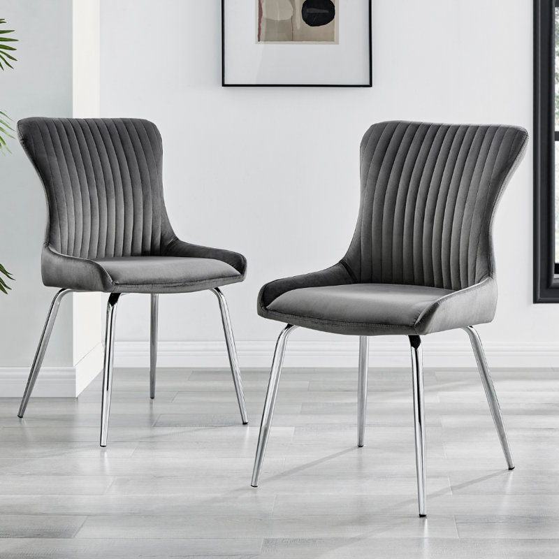 Illman Luxury Velvet Upholstered Dining Chair - Elegant Modern Deco Style, Silver, Dark Grey