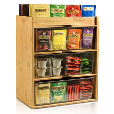 Organisateur de thé - Porte-sachets de thé 3 couches en bambou et acrylique avec tiroir, tons de bois minimalistes rustiques pour comptoir, bureau, cuisine