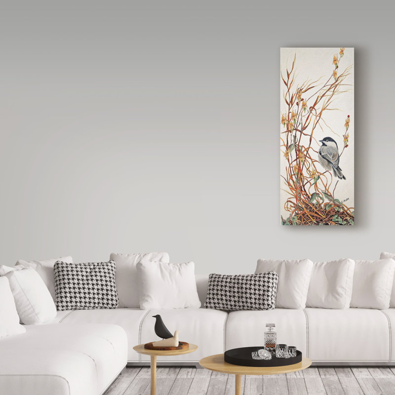 «Chickadee in Summer Grass», reproduction de peinture acrylique sur toile tendue, H 32 po x l 14 po x P 2 po