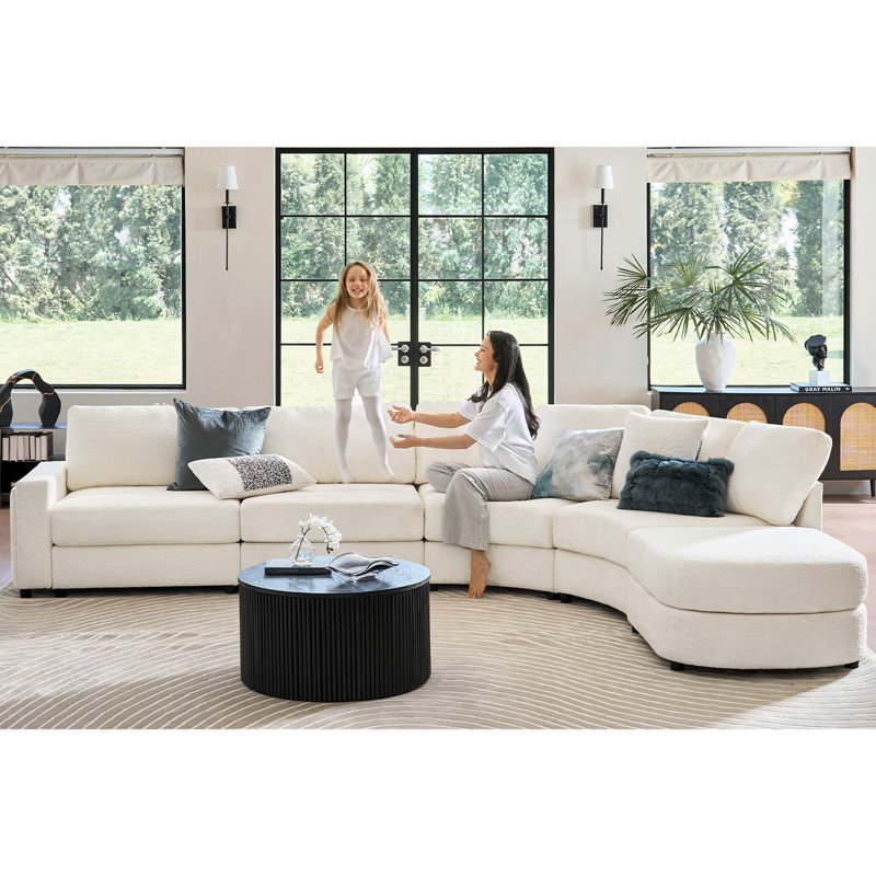 Grandon 150" Modern Modular Curved Sectional Sofa with One Ottoman, Ivory Polyester