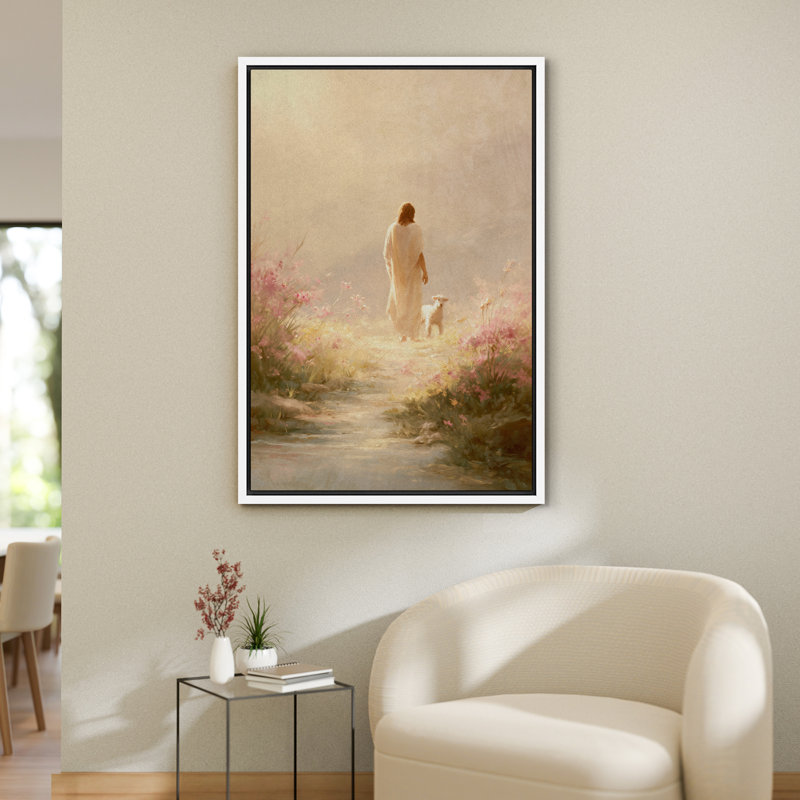 Art mural sur toile «Jesus et agneau», H 24 po x l 16 po, Impression encadrée sans passe-partout, Blanc