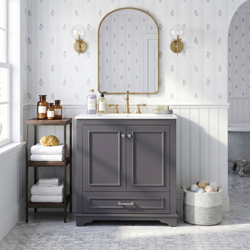 Meuble-lavabo de luxe 30 po avec lavabo en céramique, armoire de rangement en bois massif avec 2 grandes portes à fermeture douce