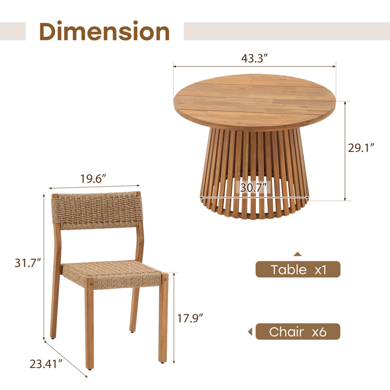 Outdoor 6-person Solid Wood Round Table And Dinning Chair Set