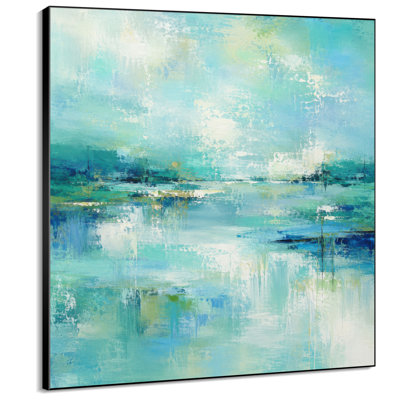 Impression sur tissu grand format - Motif abstrait turquoise, bleu aqua et vert, idéal pour le salon ou la chambre - « Assemblage du cadre requis (cadre non fini) »