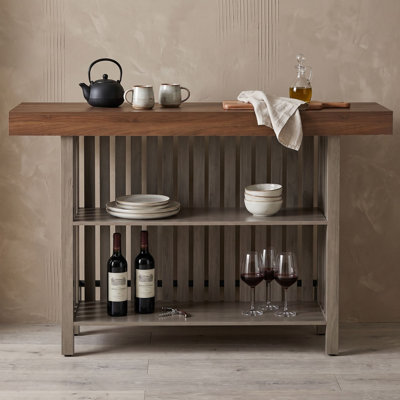 Modern Counter Height Sideboard with Storage Shelves, Marble-Style Top, Metal Footrest and Slatted Panel Details
