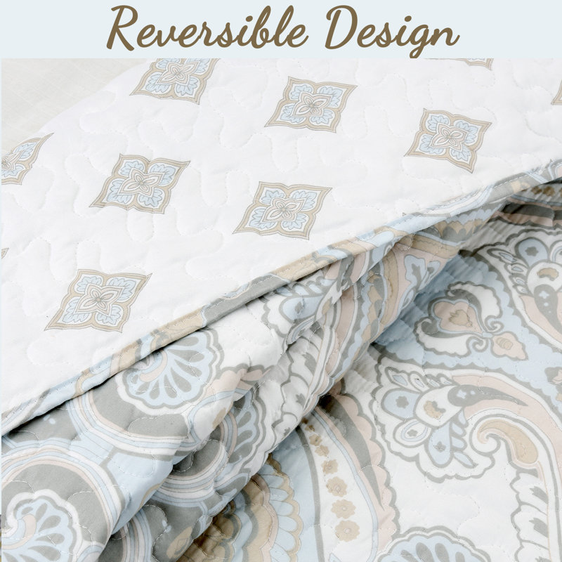Modern Medallion Sky Blue Tan Gray Brocade Geometric Shapes Quilt, King Quilt + 2 Standard Shams