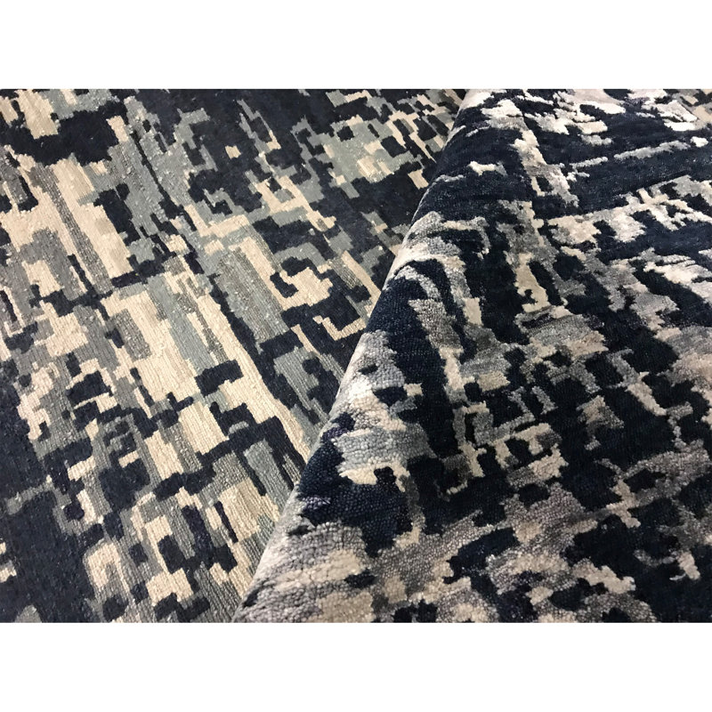 Tapis bleu et argent noué à la main de haute qualité, Rectangle de 5 pi x 8 pi