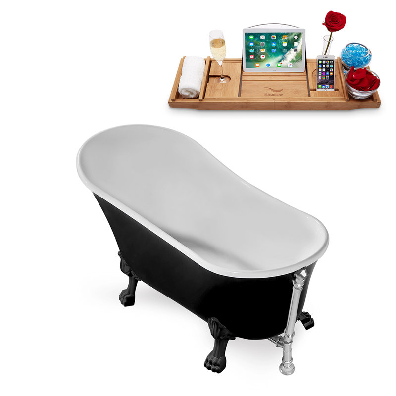 Baignoire de trempage sur pieds 59 "avec drain, pattes et plateau en bambou 59" Streamline, Noir mat, Chrome poli