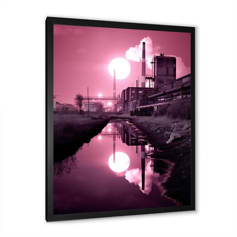 «Pink Industrail Landscape Moon», reproduction sur toile, Cadre simple noir, H 20 po x l 12 po x P 1 po