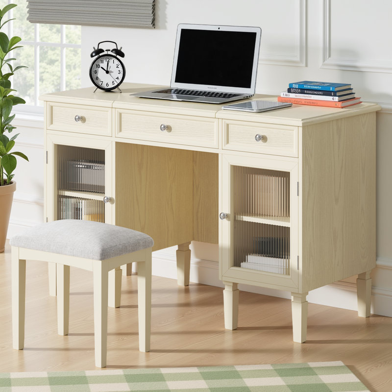 Coiffeuse 46,5 "/ bureau d'ordinateur avec tabouret et miroir rabattable