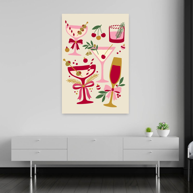 Festive Holiday Cocktails Contemporary Cherry Winter Wall Art Print by Dominique Vari - Wrapped Canvas Print