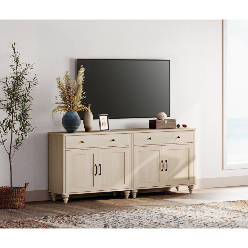 Farmhouse TV Stand For 75 Inch TV With 4 Doors And 2 Drawers, Entertainment Center TV Console Table With Storage Cabinets,  Light Beige