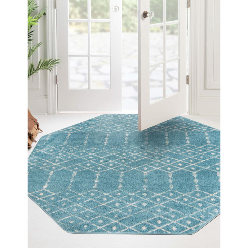 Sierra Geometric Area Rug, Octagon 5'3" x 5'3", Teal Blue