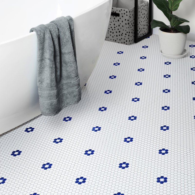Metro Ion 1" Hex Sapphire Single Flower Wht 10-1/4" x 11-7/8" Porcelain Mosaic Floor & Wall Tile