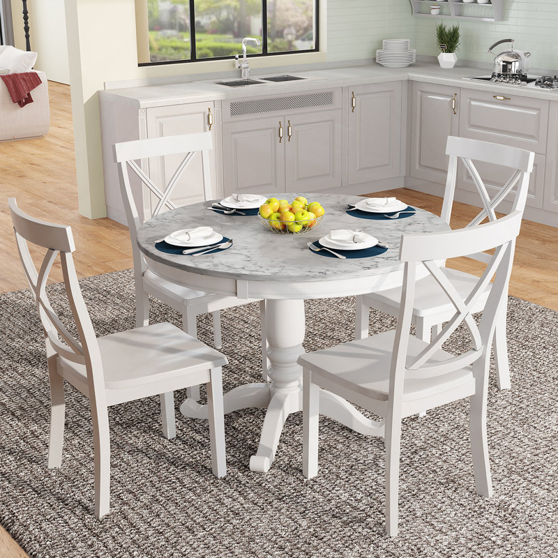 Ensemble 5 pièces de table de salle à manger et de chaises, table de cuisine en bois massif avec 4 chaises, Blanc