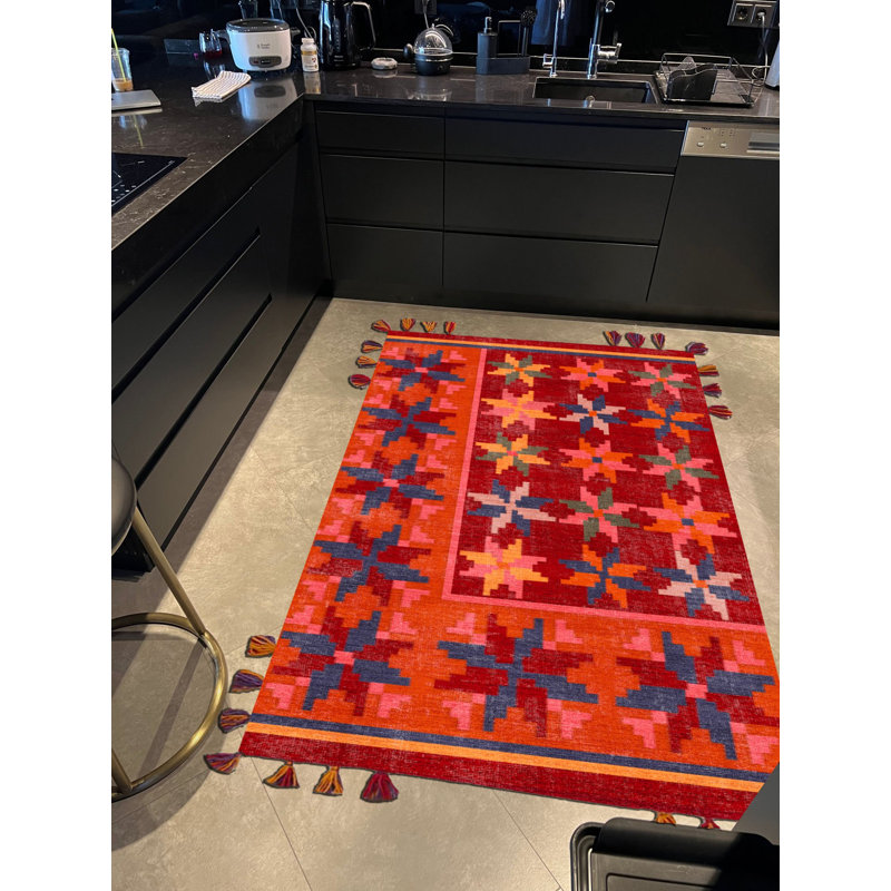 Base tissée à motif floral à franges, Rectangle 3 pi 11,24 po x 5 pi 10,87 po