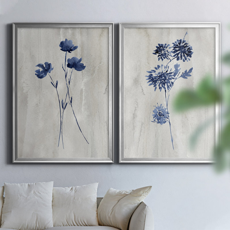 Indigo Botanical III - ensemble de 2 reproductions d'impressions, H 18,5 po x l 49 po x P 1,5 po, Toile encadrée argentée