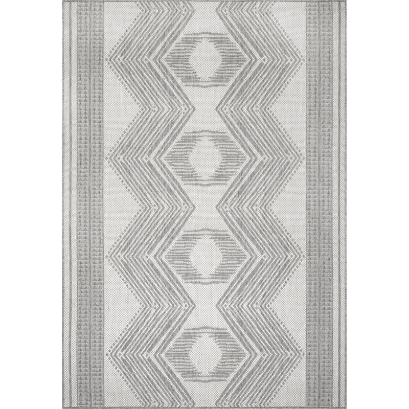 Tapis intérieur / extérieur Tribal, Gris clair / ivoire, Rectangle 9 pi 6 po x 12 pi