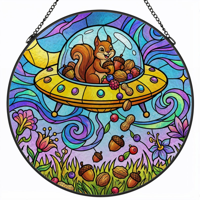 7.8"H Squirrel Ufo Stained Glass Window Panel, 7.8" H x 7.8" W